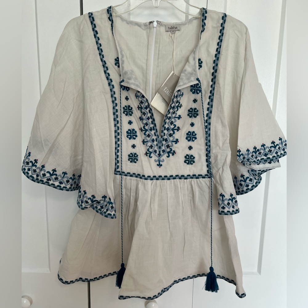 Talitha Cream Blouse with Blue Embroidery